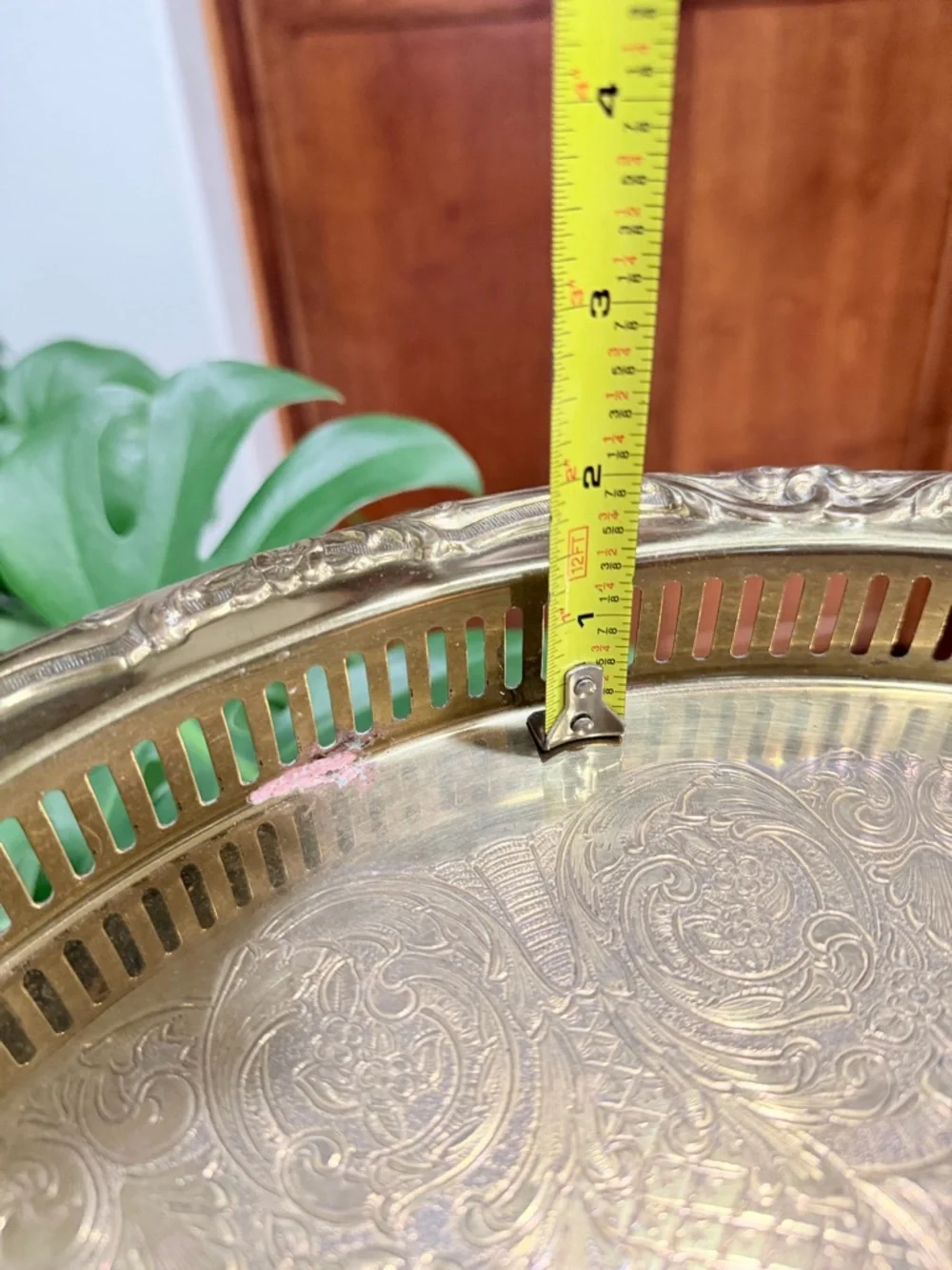 Vintage Gold Tone Serving Tray Ornate Etched Round Gallery Edge 14”